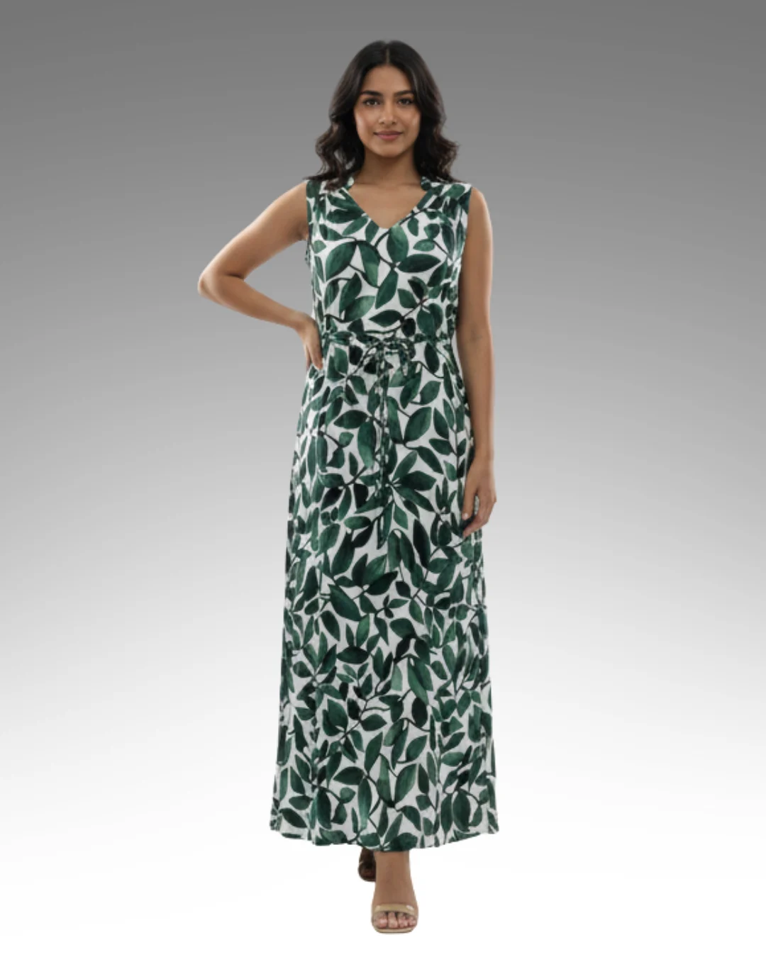 LEAFE PRINT LONG FROCK - GREEN