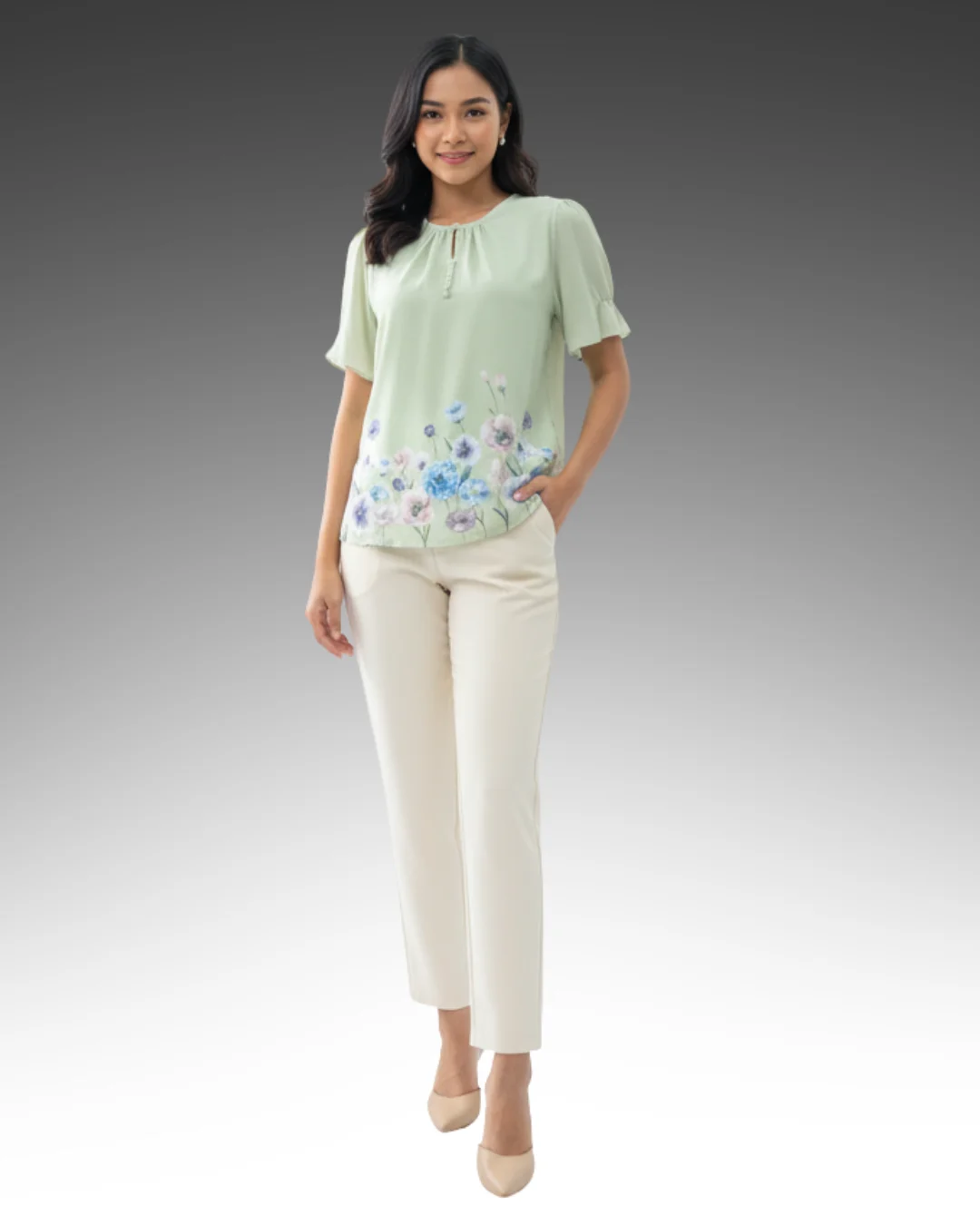 BOTTOM FLORAL PRINTED BUTTONED BLOUSE - GREEN