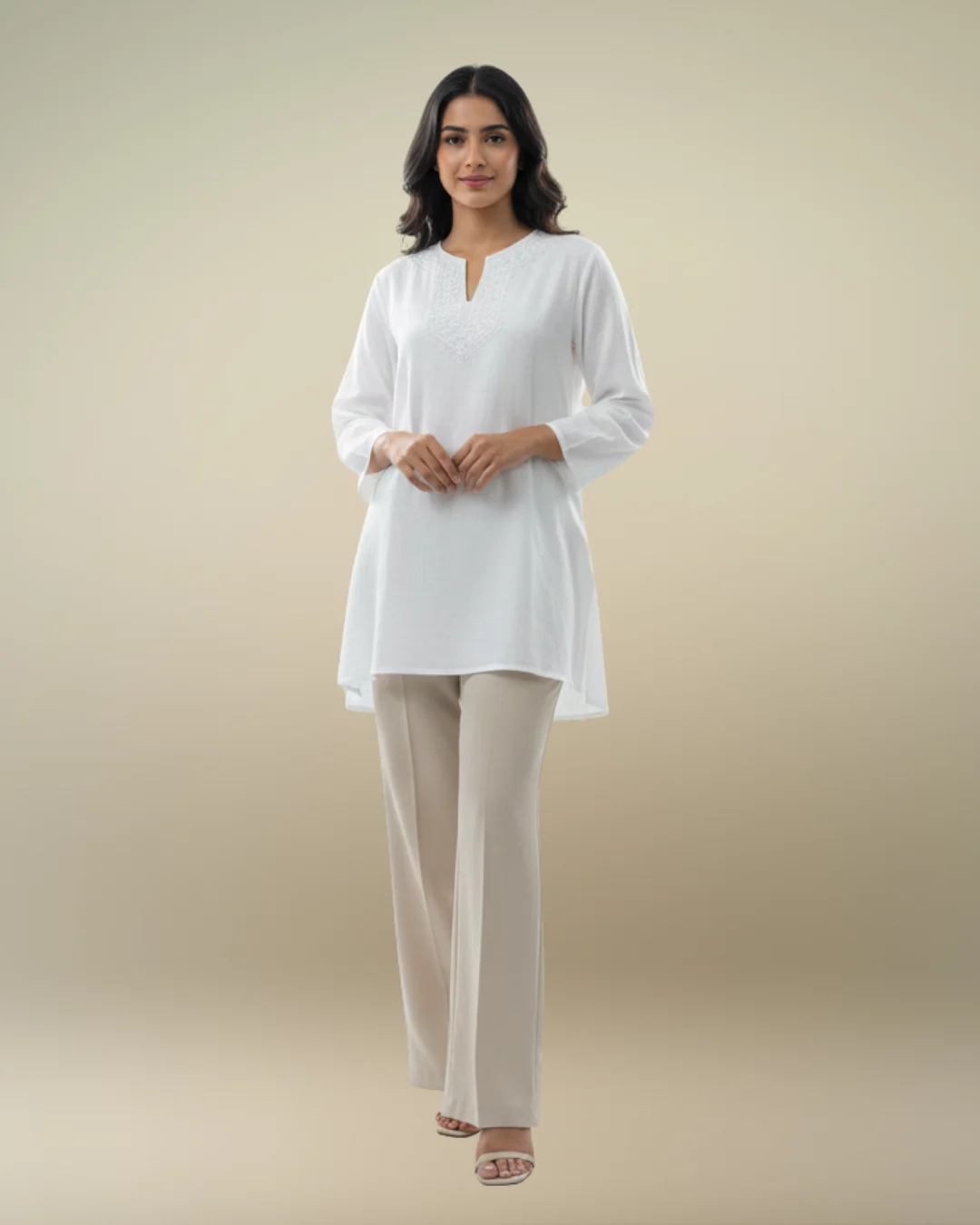 SEQUENCE EMBROIDER NECKLINE BLOUSE - OFF WHITE
