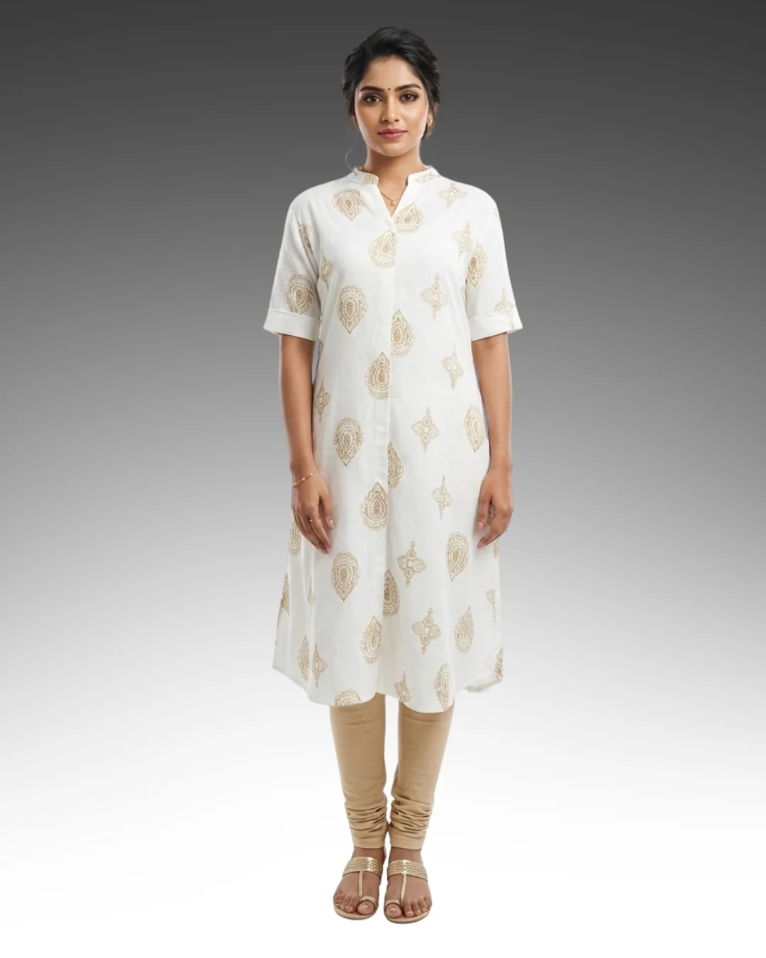 SHORT SLEEVE PRINTED FROCK - WHITE AND BEIGE