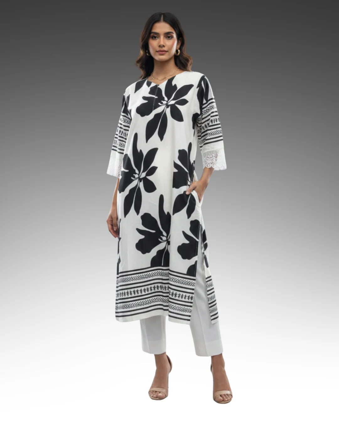 V - NOTCH NECKLINE PRINTED KURTA - WHITE AND BLACK