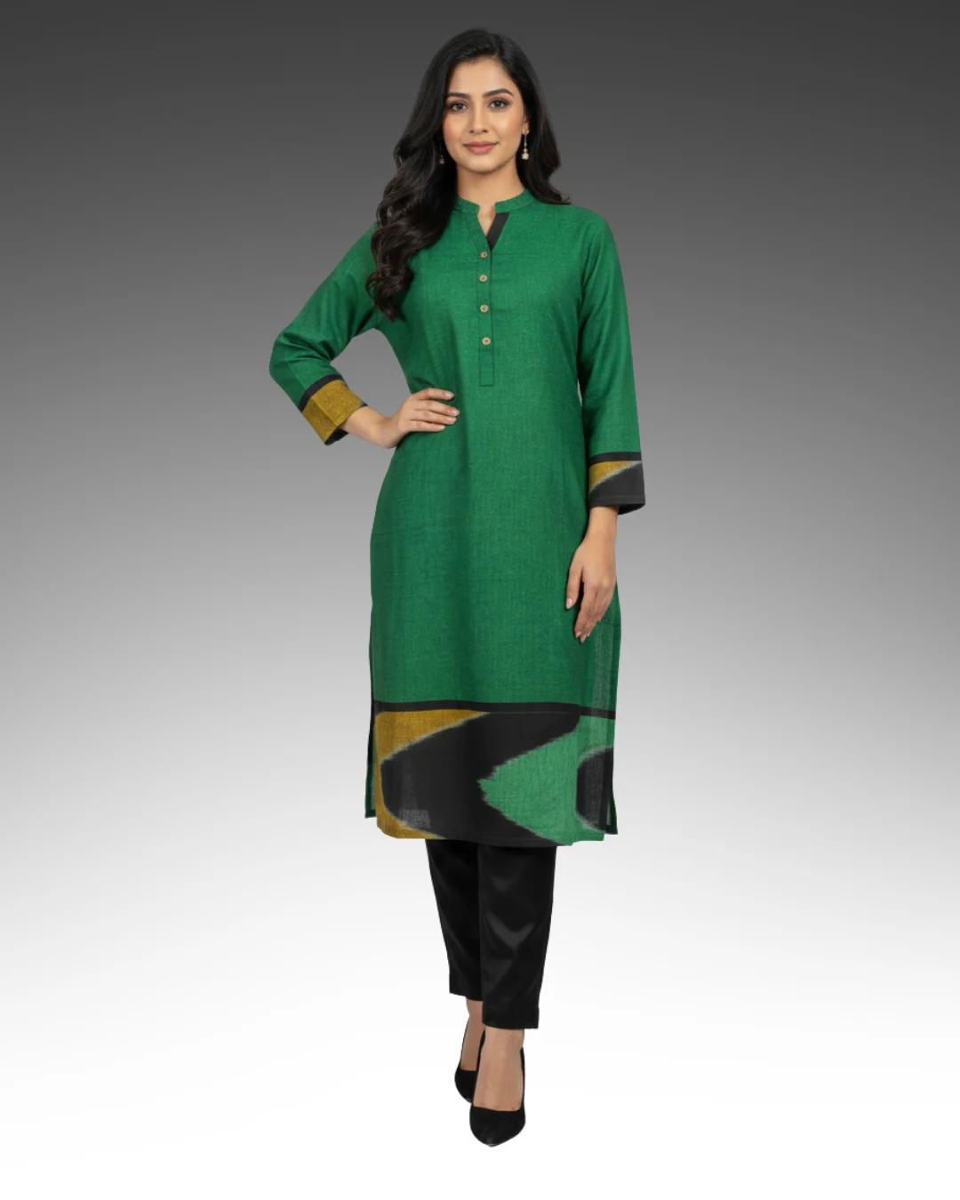 CHINESE COLLAR TIE AND DYE BORDER KURTA - GREEN