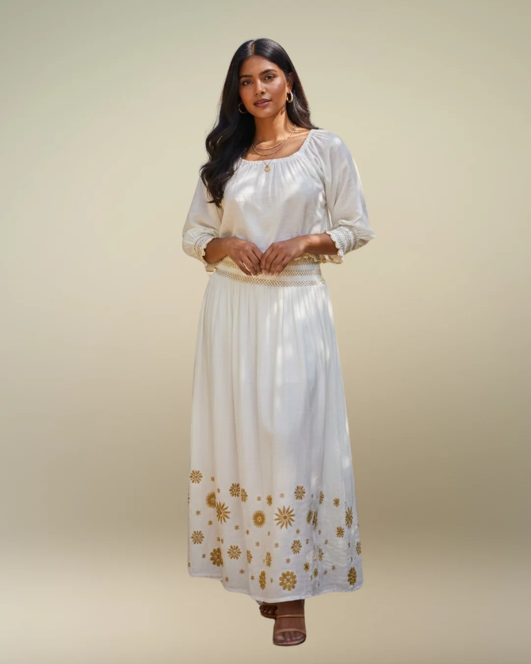 SMOCKED EMBROIDER SKIRT - MUSTARD